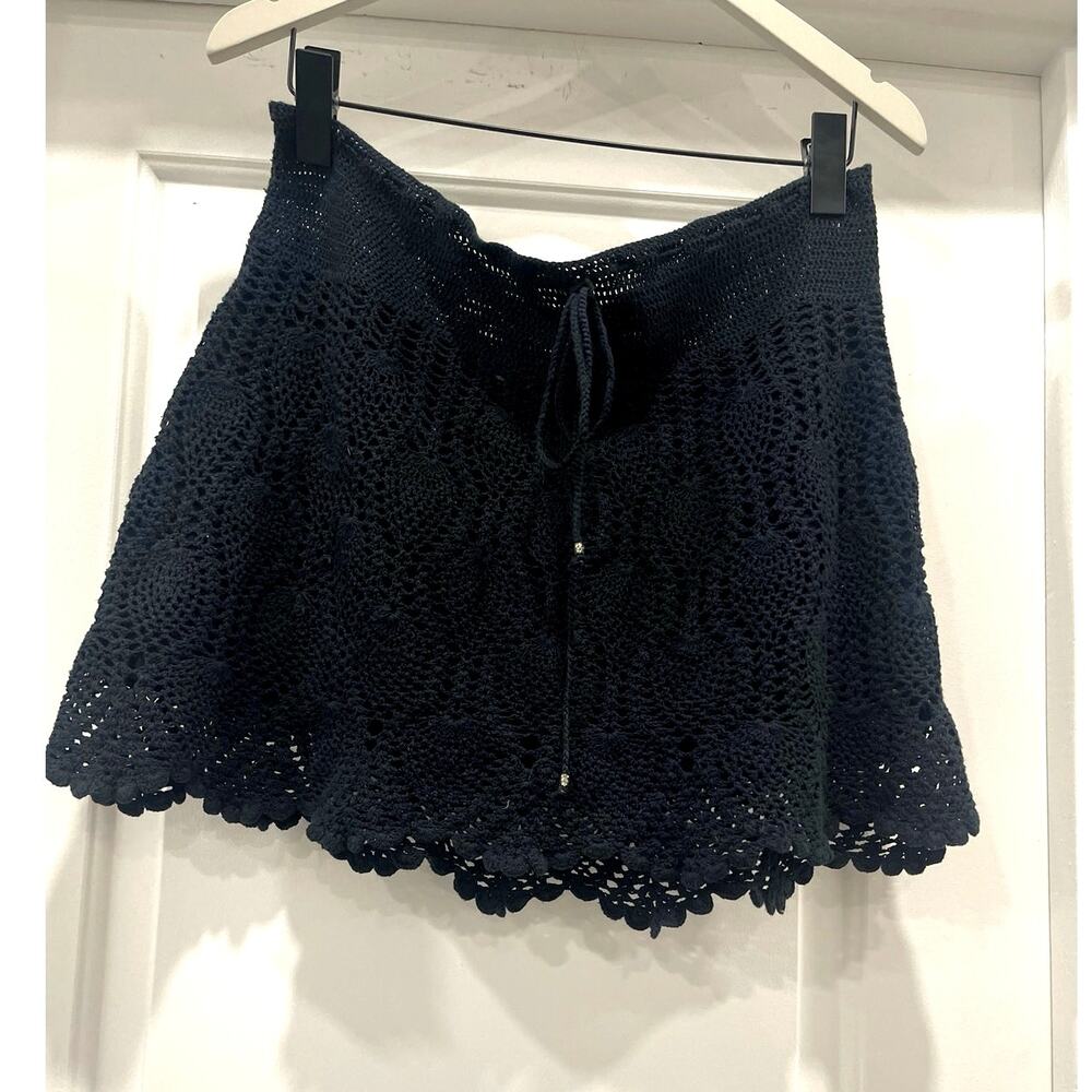 Gretchen Scott Vintage Black Hand Crocheted Mini Skirt, Coverup